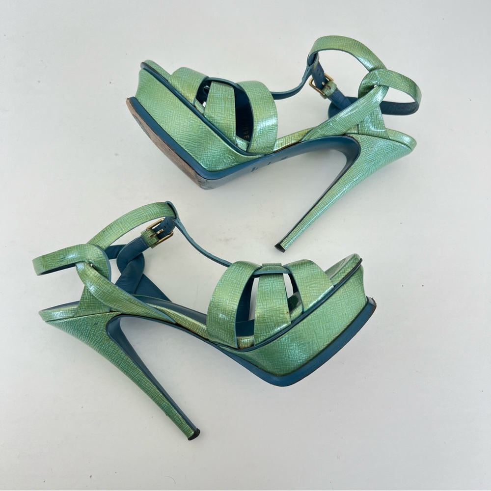 YVES SAINT LAURENT Tribute Green Patent Leather Platform Heel Sandals Sz 36 1/2